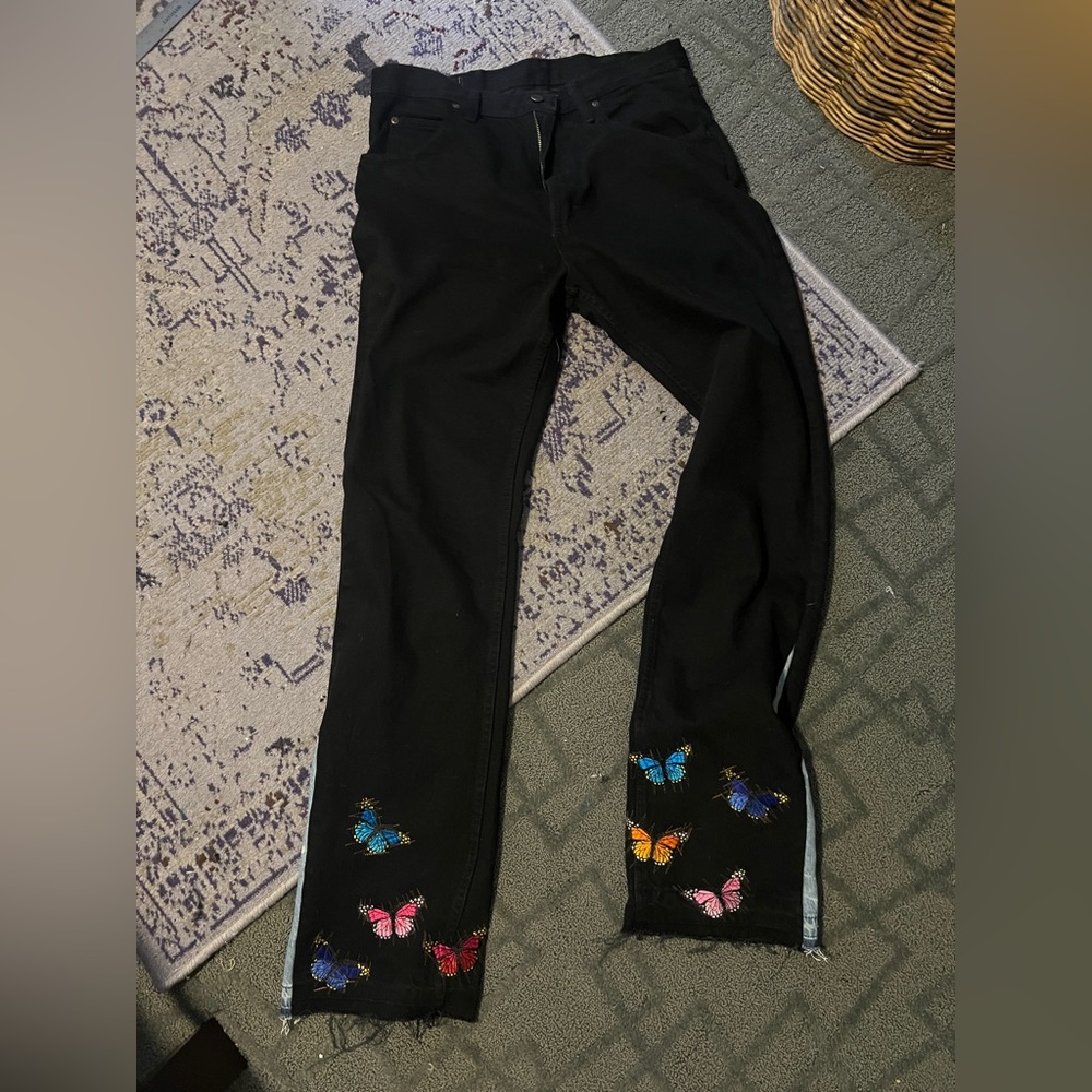 black flared butterfly denim